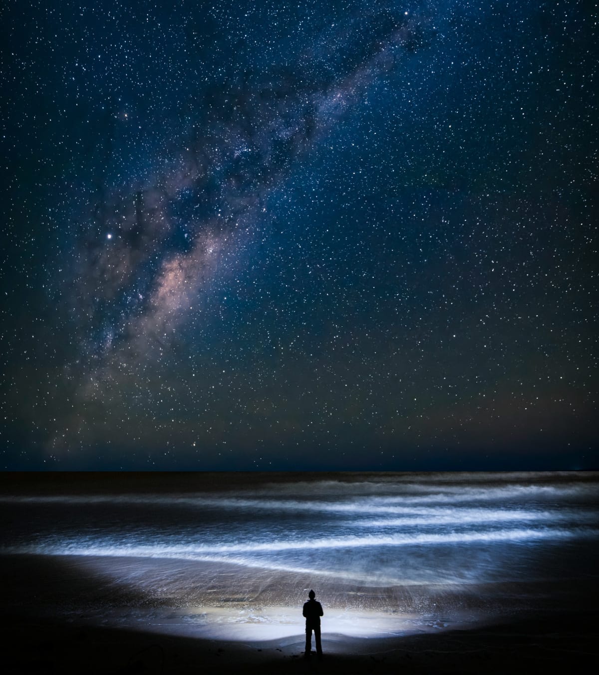 Person standing on the beach, looking at a night sky