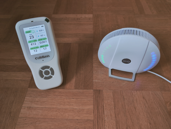 Picture of two air quality monitors by LifeBasis and air-Q